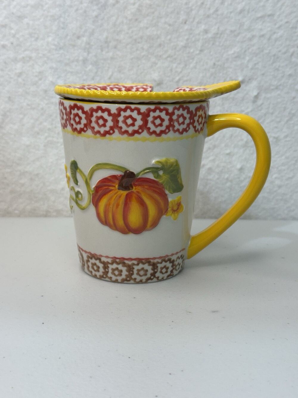 Temptations Pumpkin Patch 16 Oz Ceramic Coffee Mug & Matching Lid Fall Farmhouse